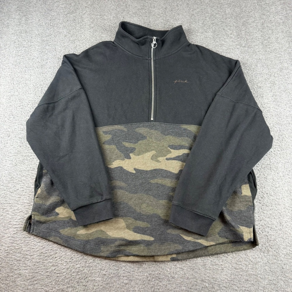 PINK Victoria's Secret Pullover Women's Large Black Camo Quarter Zip Sweatshirt